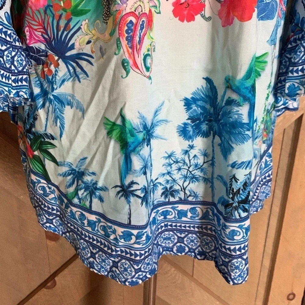 Lulalife colorful rayon blouse with tassel ties Size Small